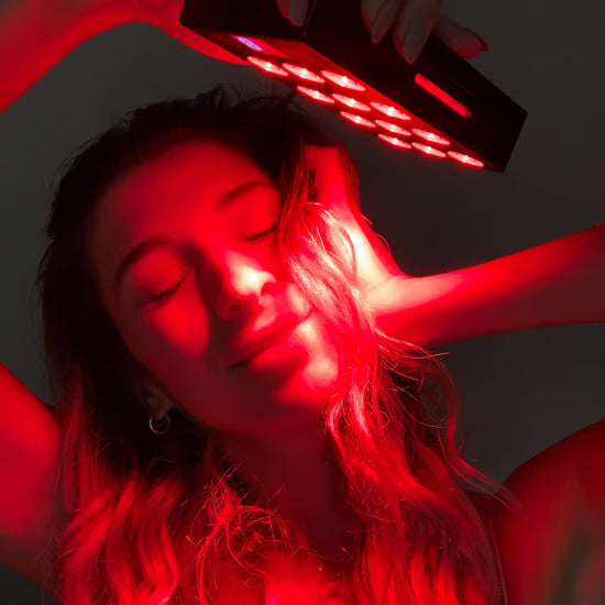 A woman using red light therapy to enhance mental clarity|An x-ray cut away demonstrating How To Cure Brain Fog with red light therapy