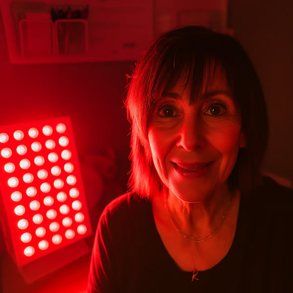 A mature woman using her Vital Pro Red Light Therapy device to maintain neurological health