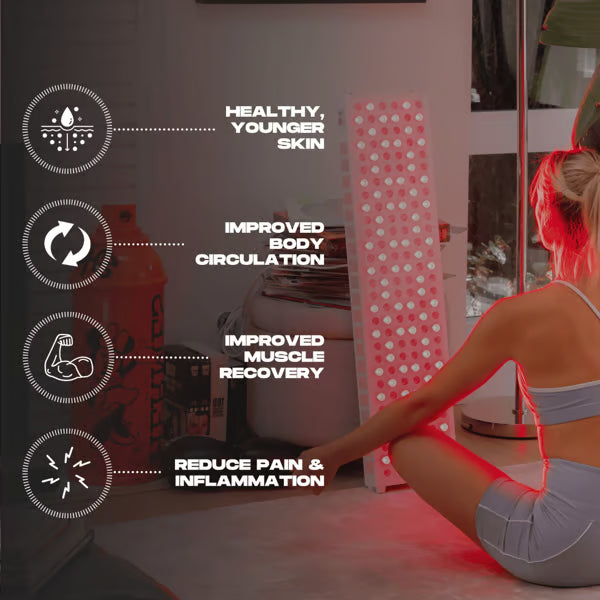 Full-Body Red Light Therapy Systems Infographic|A woman performs a floor yoga pose in a sunlit room, bathed in red light from full-body LED light therapy, with a couch and window in the background.