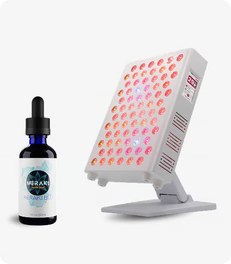 A bottle of Meraki Blu's methylene blue drops to the left and Vital Red Light's Vital Pro 2.0 on the right.