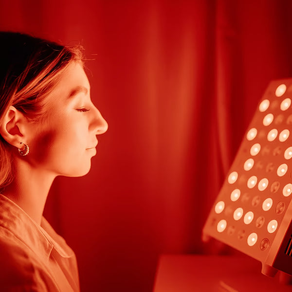 A woman using her Vital Pro red light therapy device to reduce inflammation in her legs|