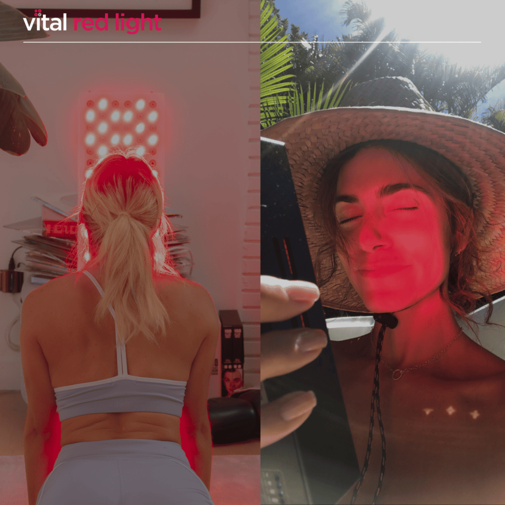 Two images of a person using red light therapy: Left, they face an elite red light panel indoors. Right, outdoors with a straw hat, the red light charges their skin.