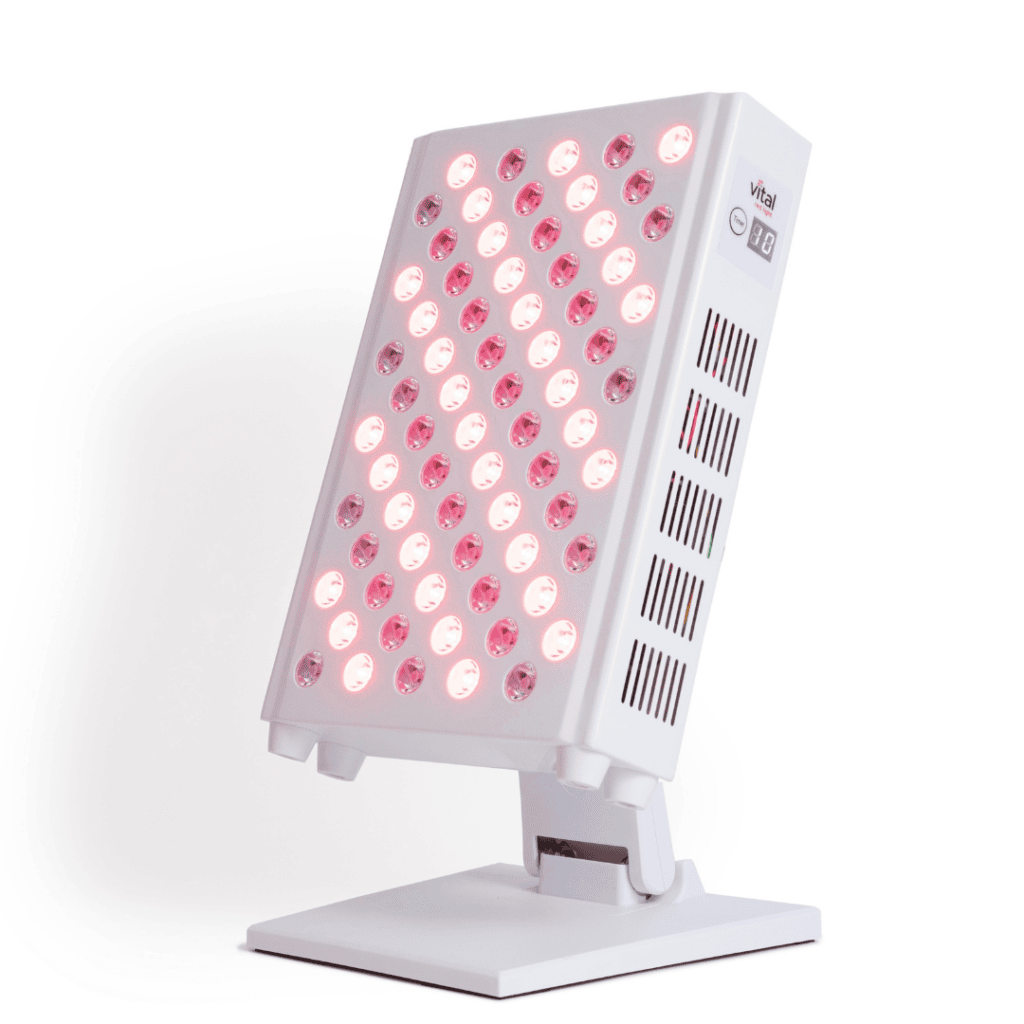 A white rectangular light therapy device with multiple LED lights, mounted on a sleek dashboard stand, ideal for wholesale distribution.